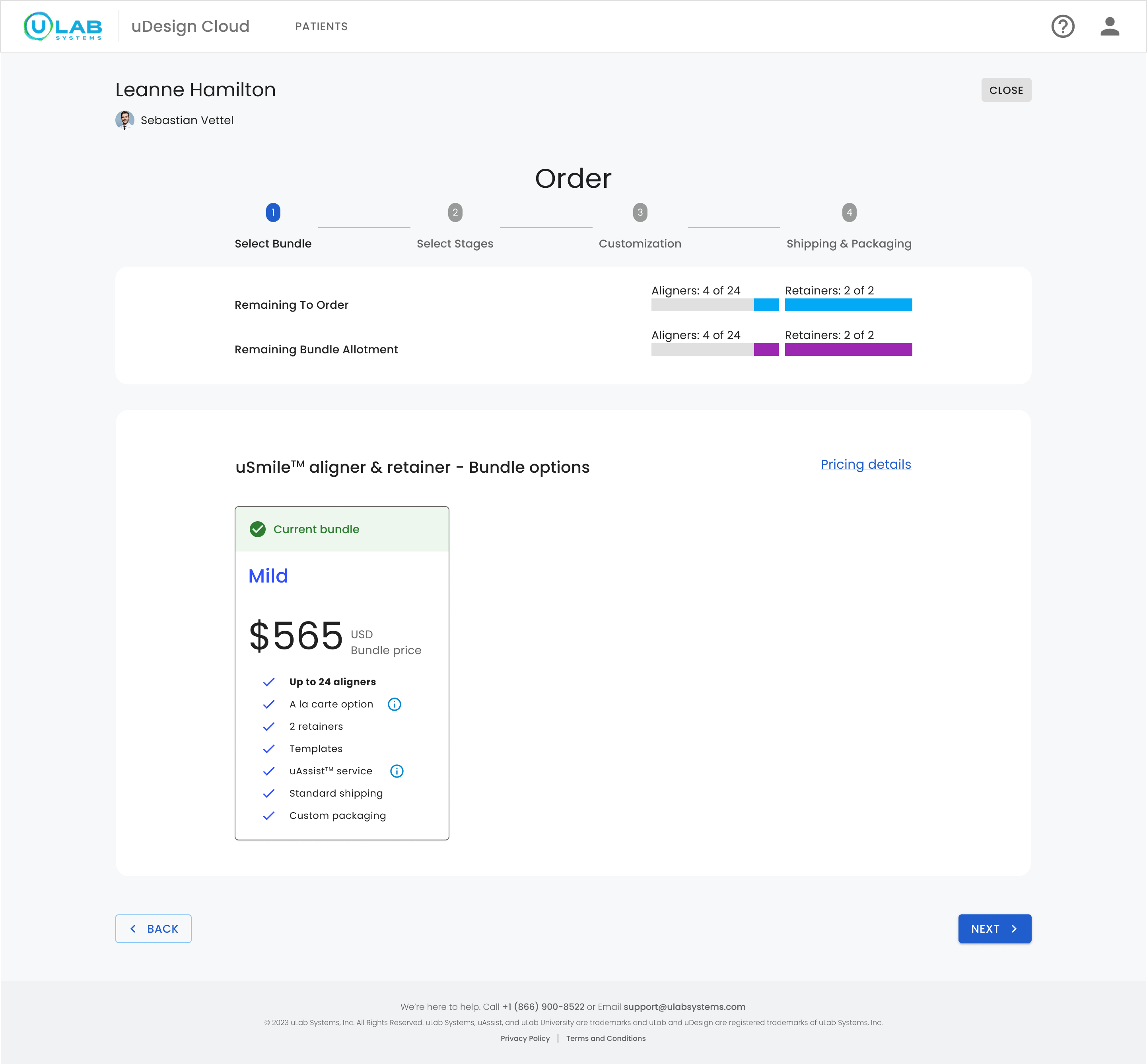 uDesign Cloud bundle selection showing remaining order and bundle allotment meters